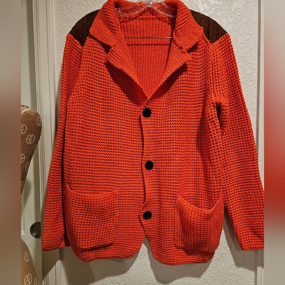 Orange Knit Cardigan with Brown Accents